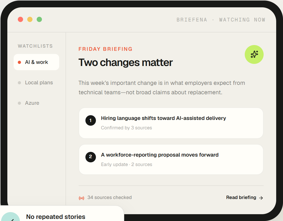 Briefena watchlist dashboard showing two meaningful changes in a weekly briefing