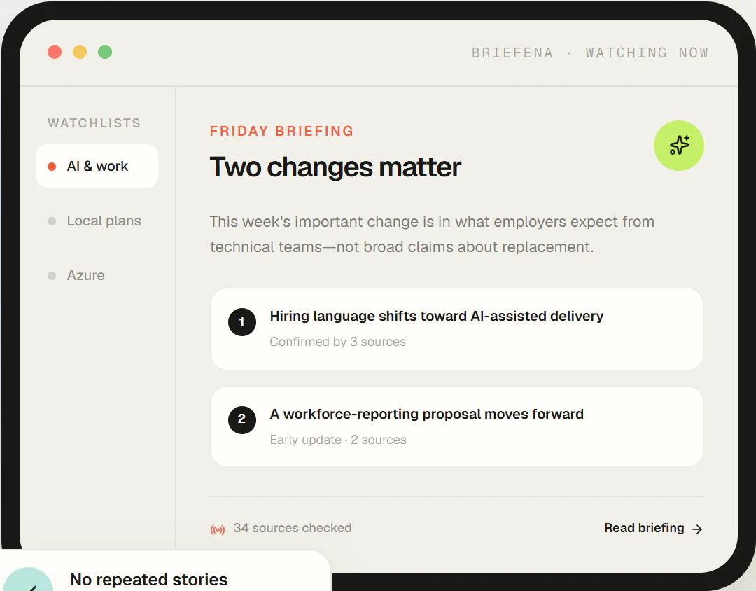 Briefena watchlist dashboard showing two meaningful changes in a weekly briefing